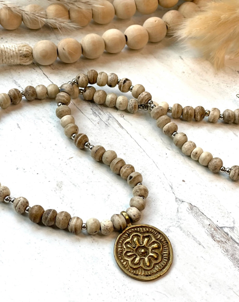 Beaded Necklace Boho Cream Beige Antique Ancient Beads Gold Ethnic Medallion