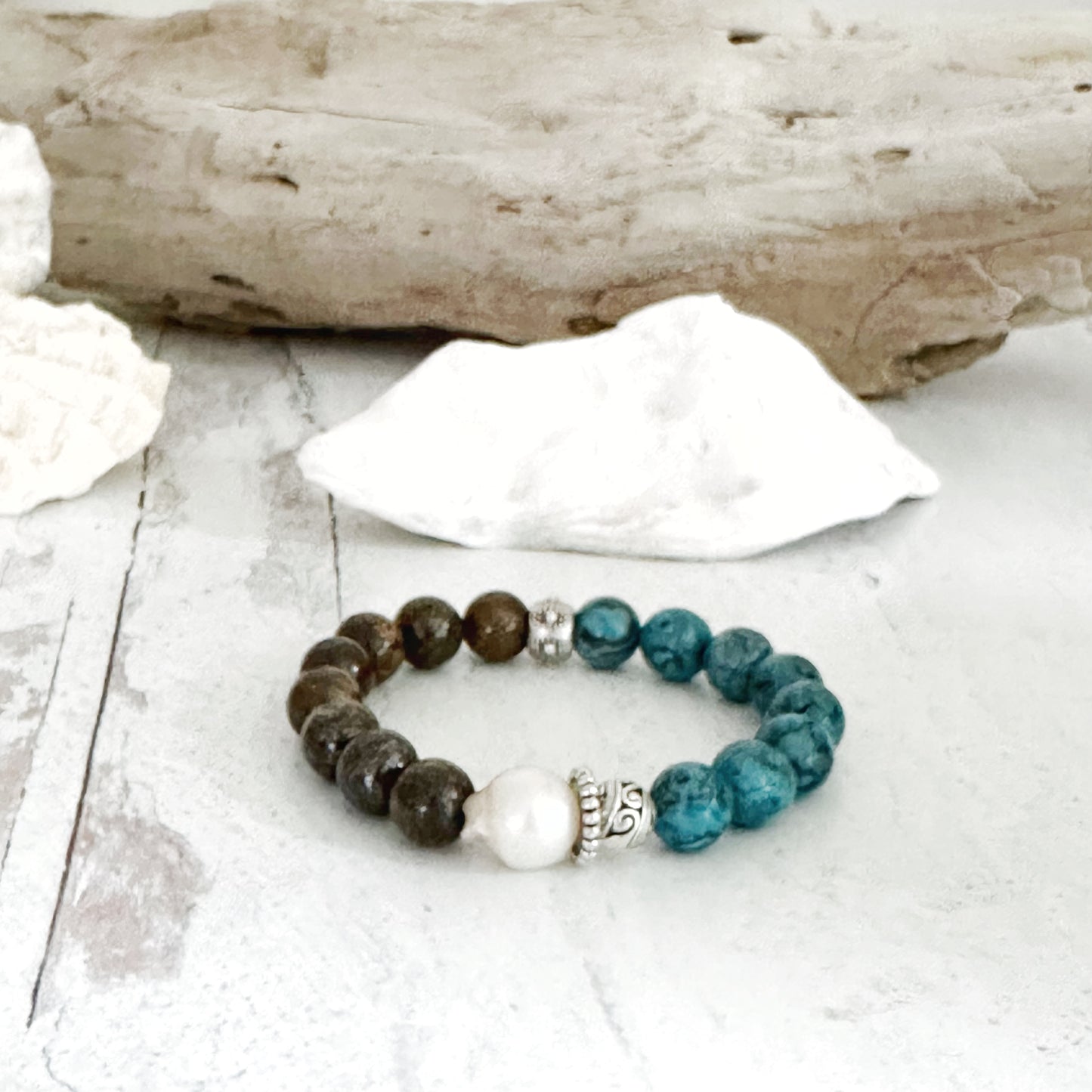 Boho Bracelet Gemstone Pearl Turquoise Silver Brown