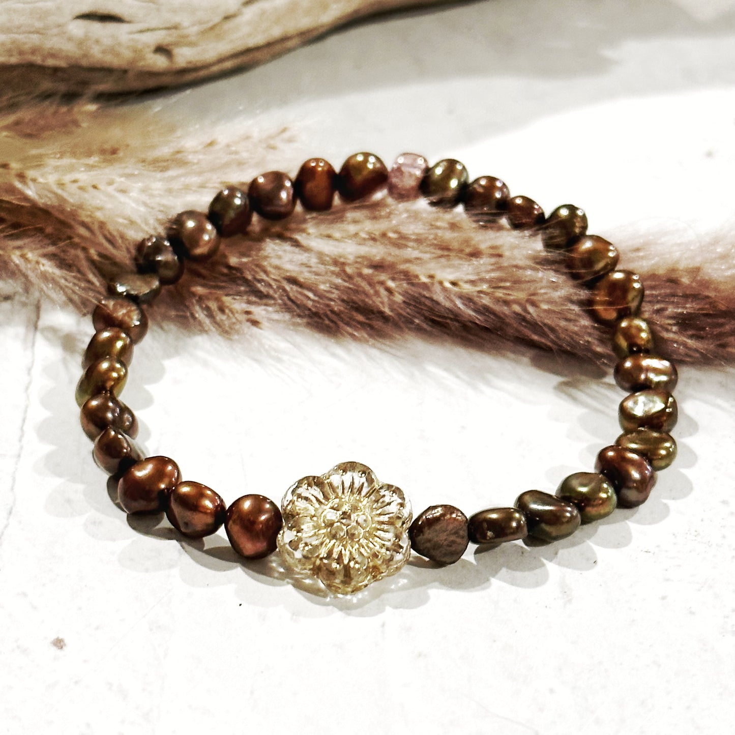 Beaded Pearl Bracelet with Whimsical Czech Glass Flower in Copper, Clear and Gold One of a Kind Gift Christmas Party