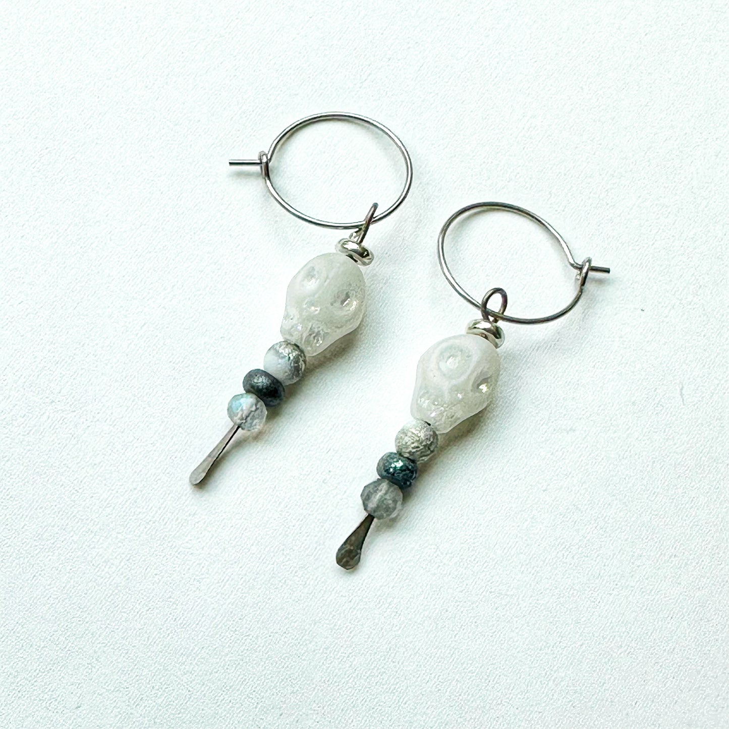 Artisan White and Silver Subtle White Crystal Skull Hoop Earrings