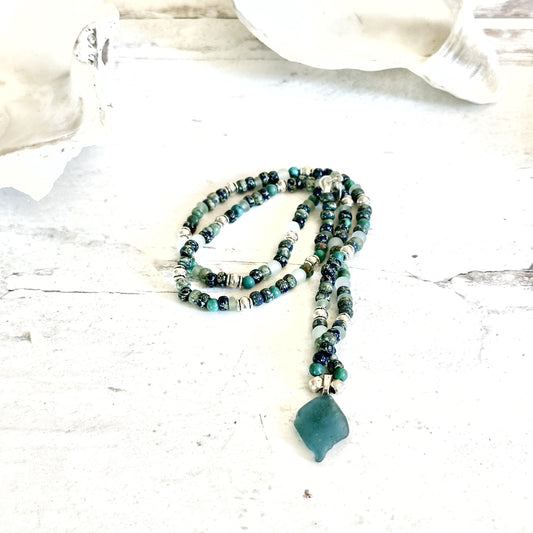 Necklace Real Hawaiian Sea Glass Beaded Boho Necklace Blues Greens Silver