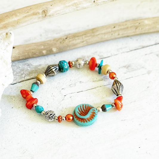 Boho Beaded Stretch Bracelet Turquoise Orange