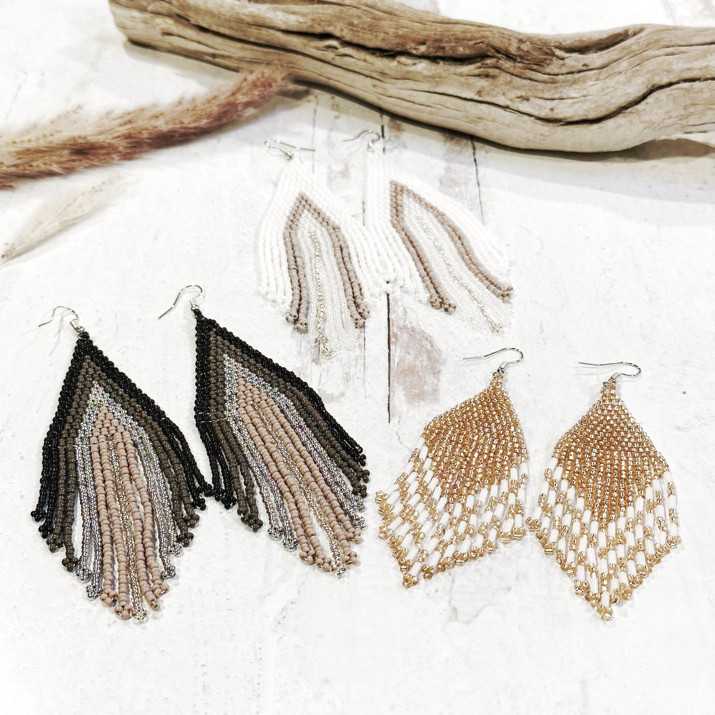 Native American Inspired Beaded Fringe Earrings White Gold Silver Brown Sparkly Gift Holiday Party