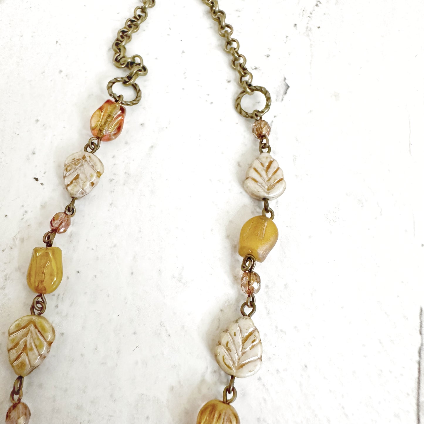 Beaded with Czech Glass Leaf and Flower Beads and Bronze Chain