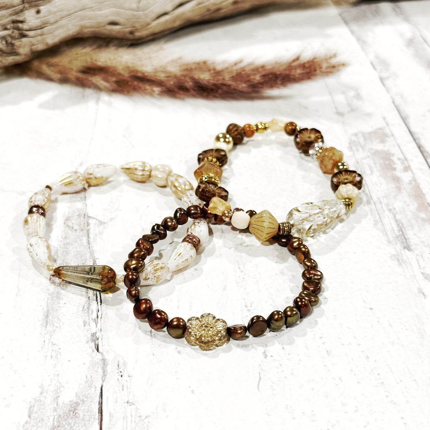 Whimsical Boho Chic One of a Kind Gold Brown Crystal Czech Glass Beaded Bracelet Gift Holidays Sparkle Shine