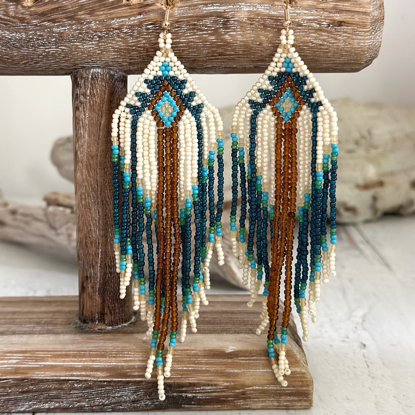 Boho Native American Inspired Seed Bead Tassel Earrings Pearl Blue Brown