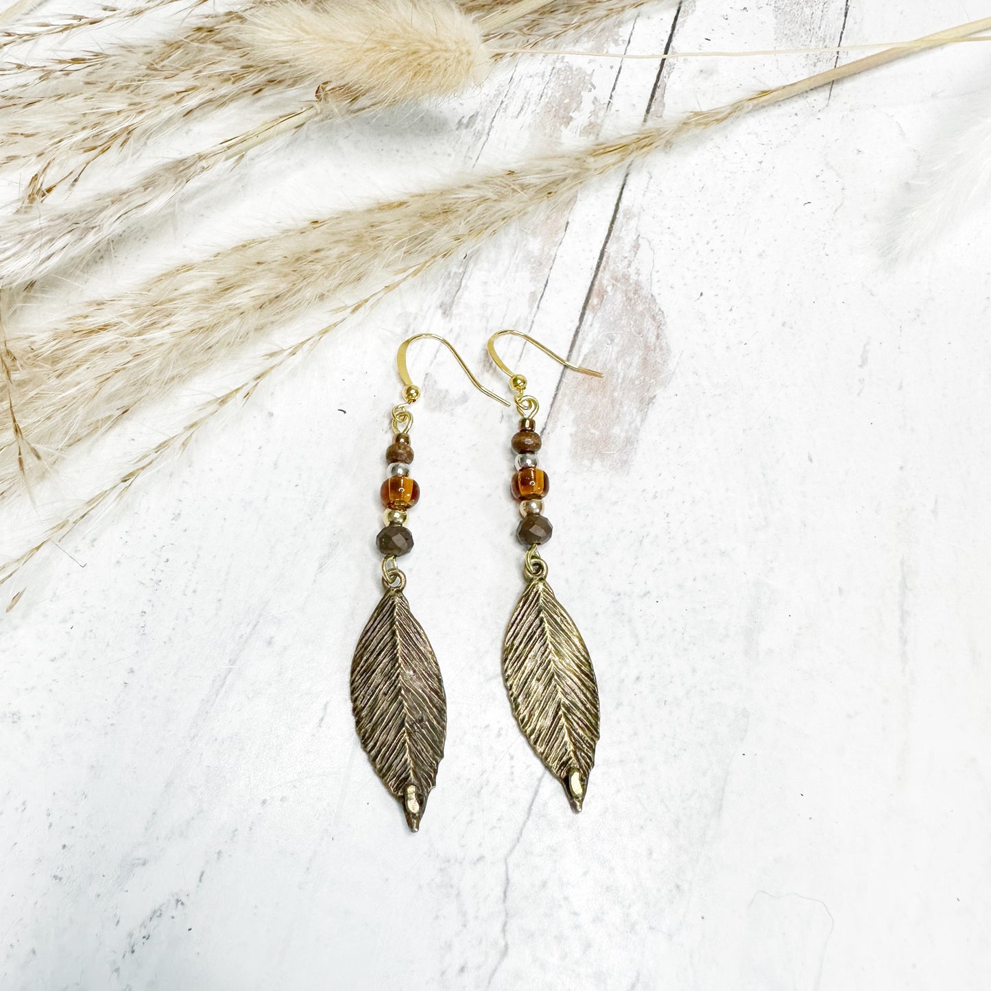 Boho Earrings Bronze Leaf Artisan Charms Warm Neutral Colors