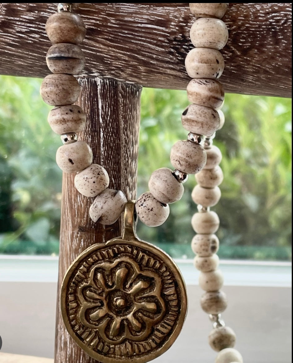 Beaded Necklace Boho Cream Beige Antique Ancient Beads Gold Ethnic Medallion