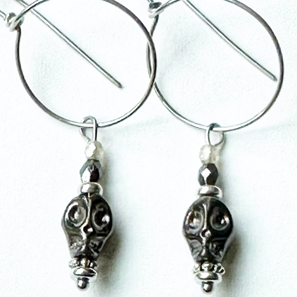 Silver and Black Crystal Skull Hoop Artisan Earrings