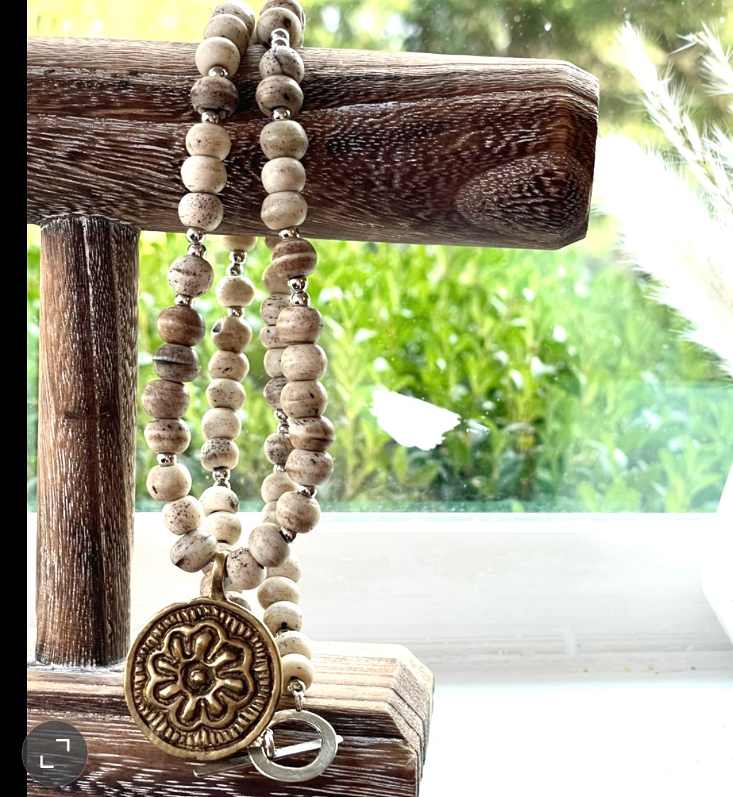 Beaded Necklace Boho Cream Beige Antique Ancient Beads Gold Ethnic Medallion