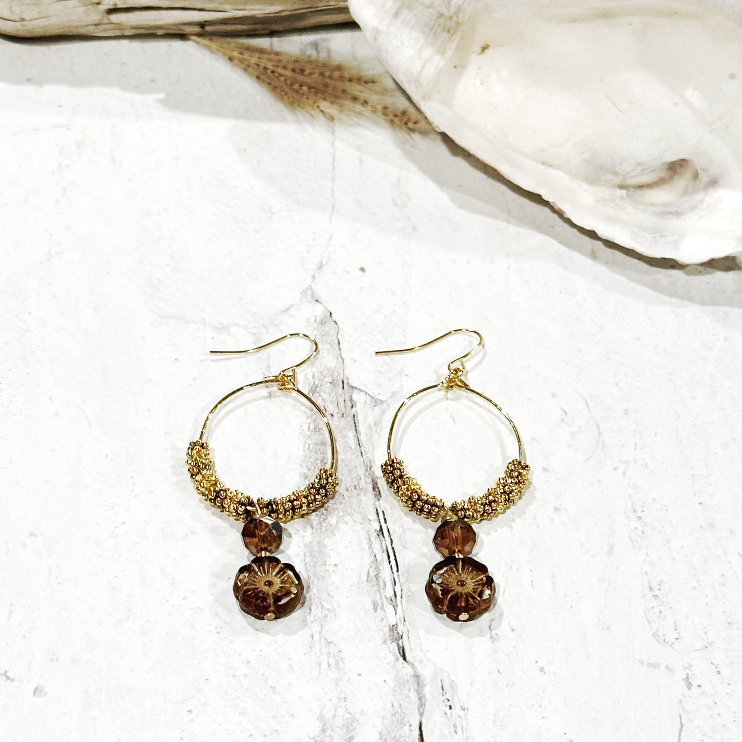 Gold Whimsical Teardrop Hoops Brown Crystal and Czech Glass Flowerk