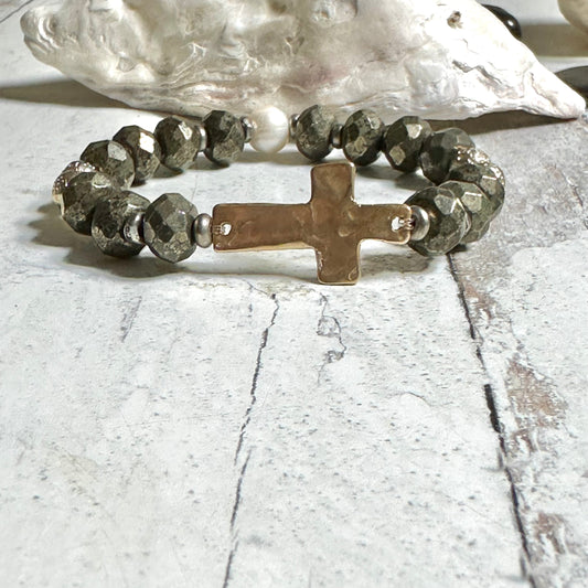 Gold Cross Pearl Bracelet