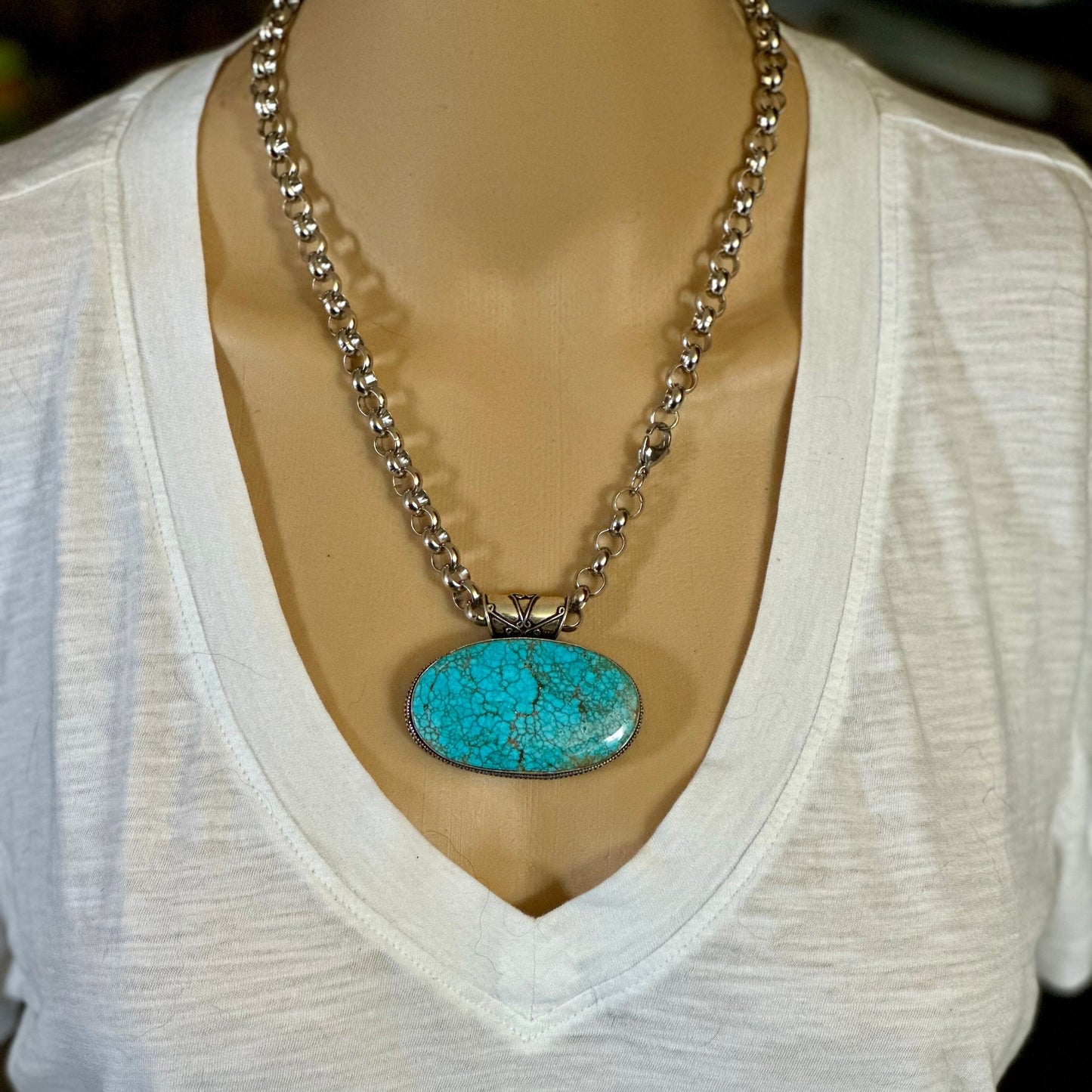 Turquoise Necklace Silver Chain Bead