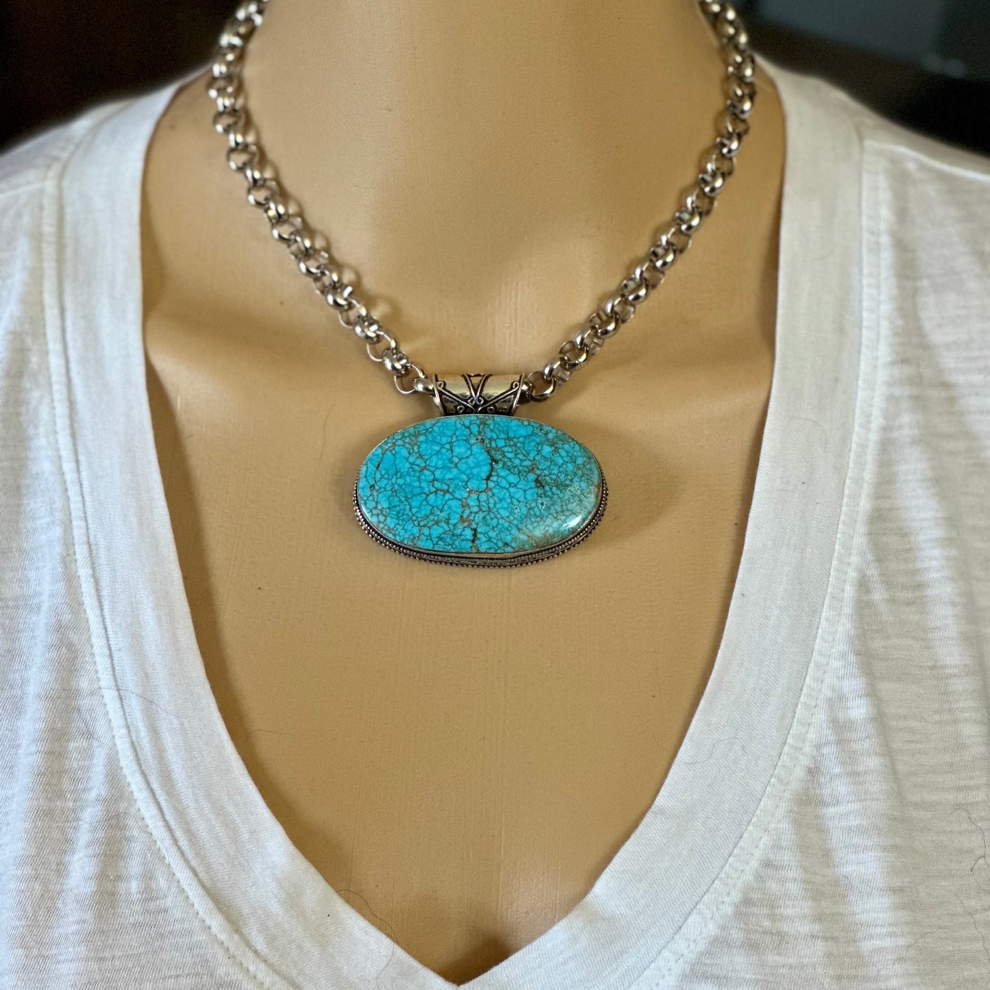 Turquoise Necklace Silver Chain Bead