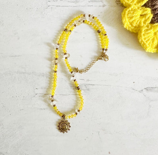 Boho Bright Yellow Necklace Crystal Citrine Gemstone Sun Charm Pendant