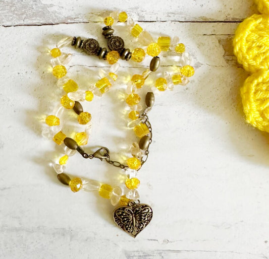 Boho Necklace Bright Yellow Butterfly Beaded Handmade