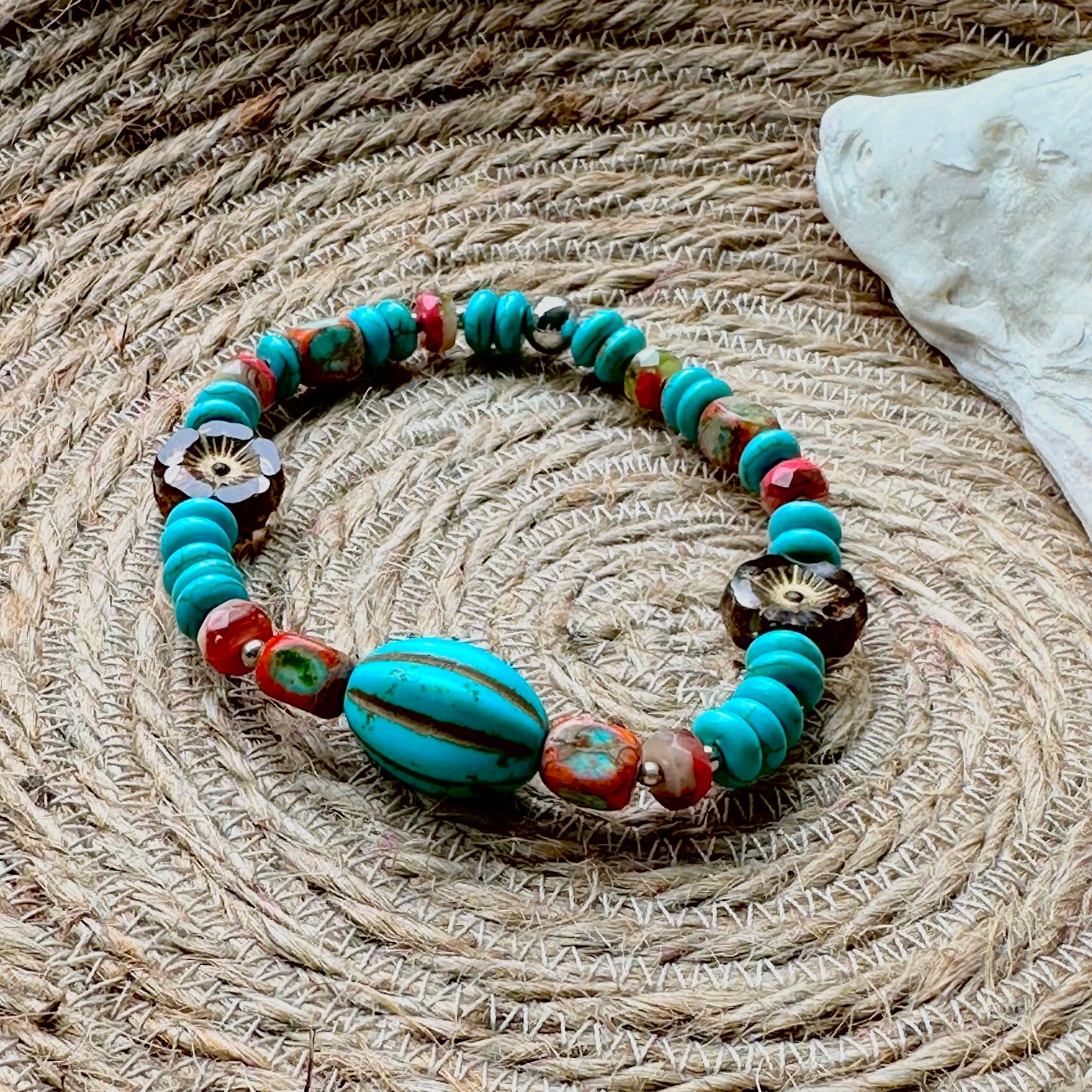 Boho Turquoise Bracelet with Czech Glass and Gemstone Beads