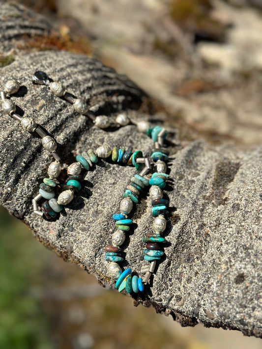 Boho Turquoise Beaded Necklace with African Silver