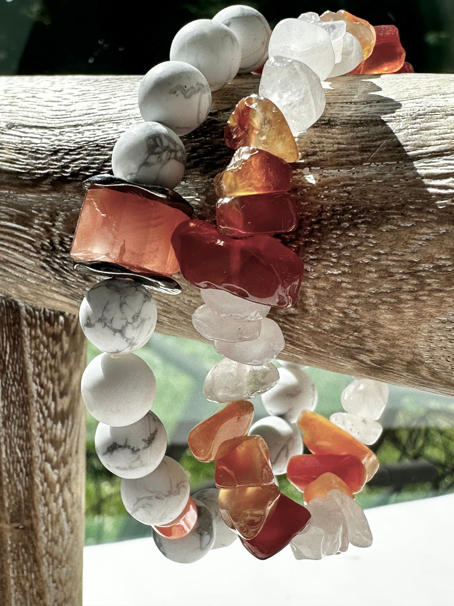 Boho Summer Beach Stretch Bracelet White Orange Gemstone