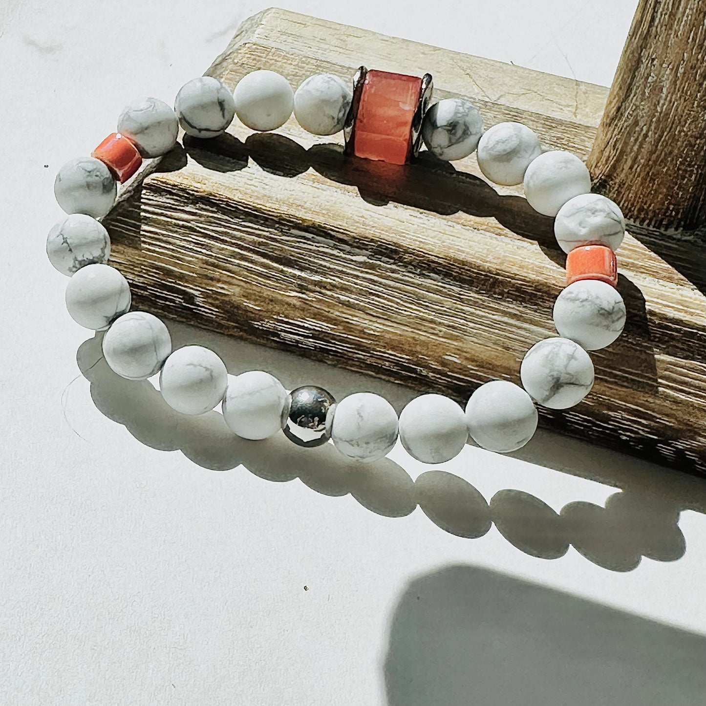 Boho Summer Beach Stretch Bracelet White Orange Gemstone