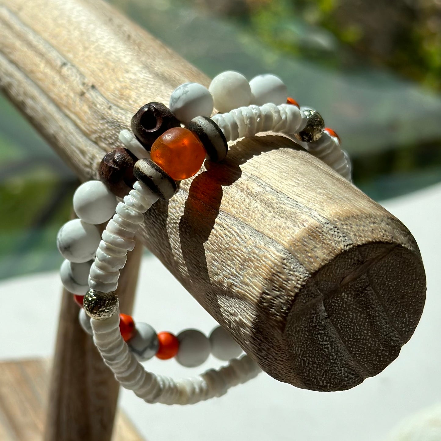 Boho Summer Beach Stretch Bracelet White Orange Gemstone