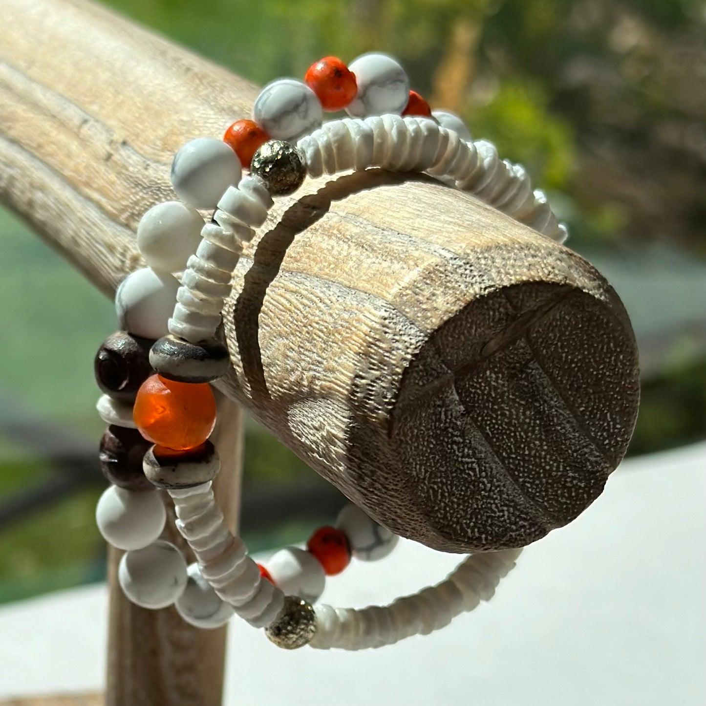 Boho Summer Beach Stretch Bracelet White Orange Gemstone