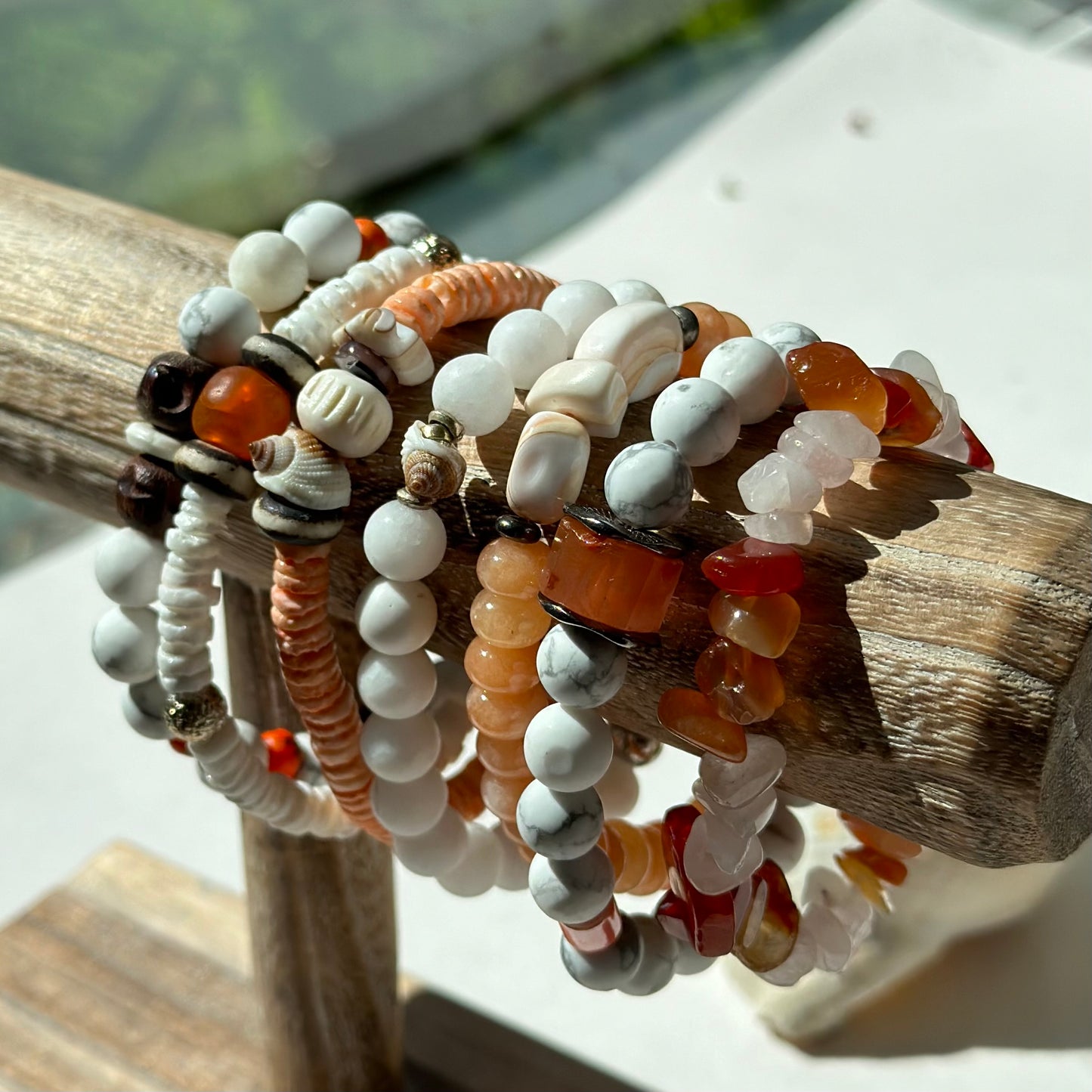 Boho Summer Beach Stretch Bracelet White Orange Gemstone