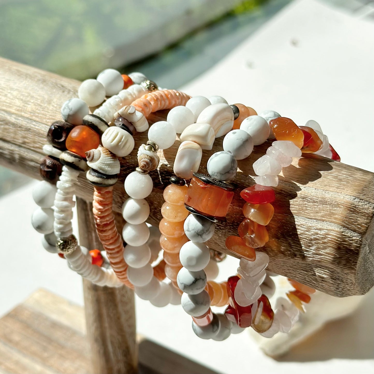 Boho Summer Beach Stretch Bracelet White Orange Gemstone