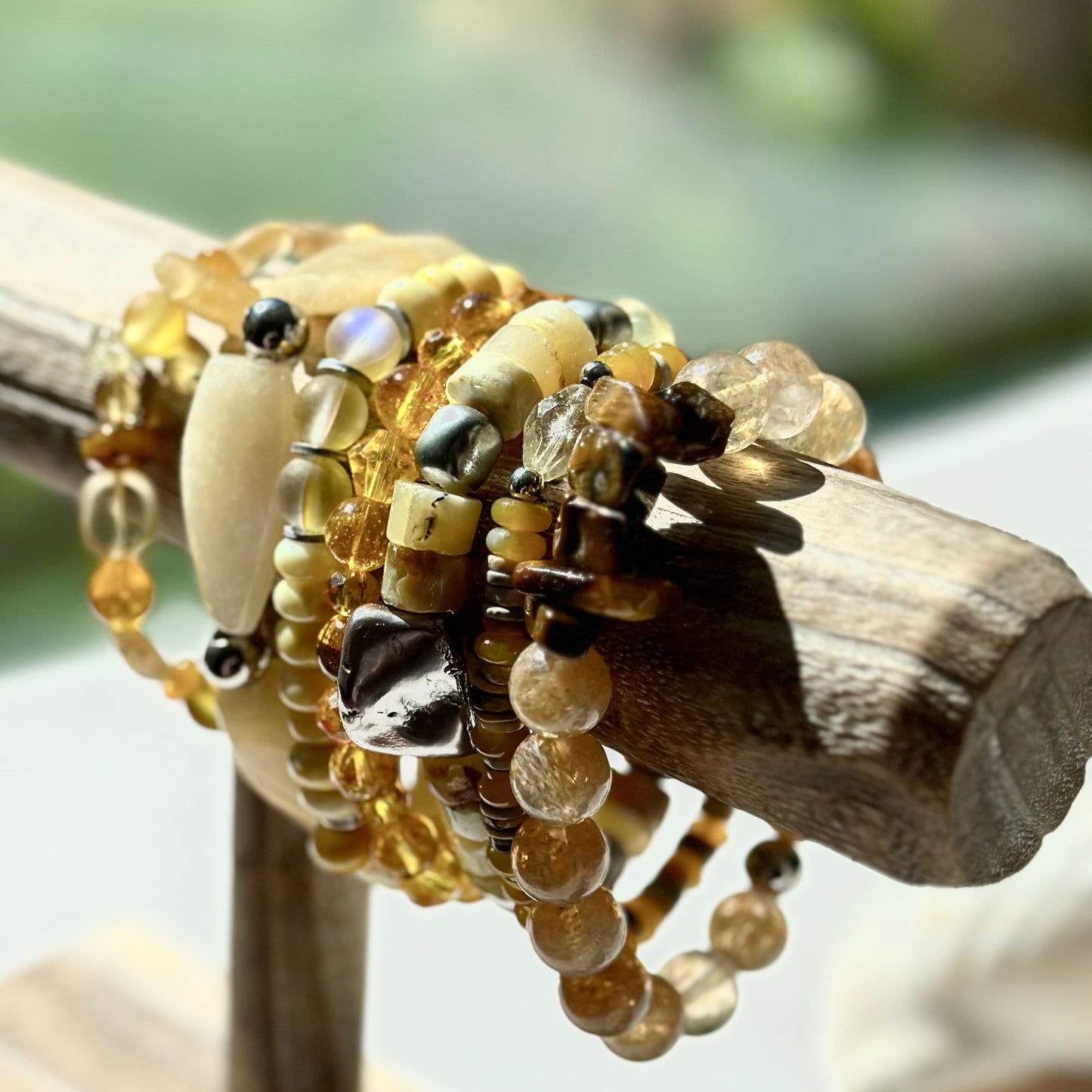 Boho Chic Beaded Gemstone Stretch Bracelets Yellow Silver