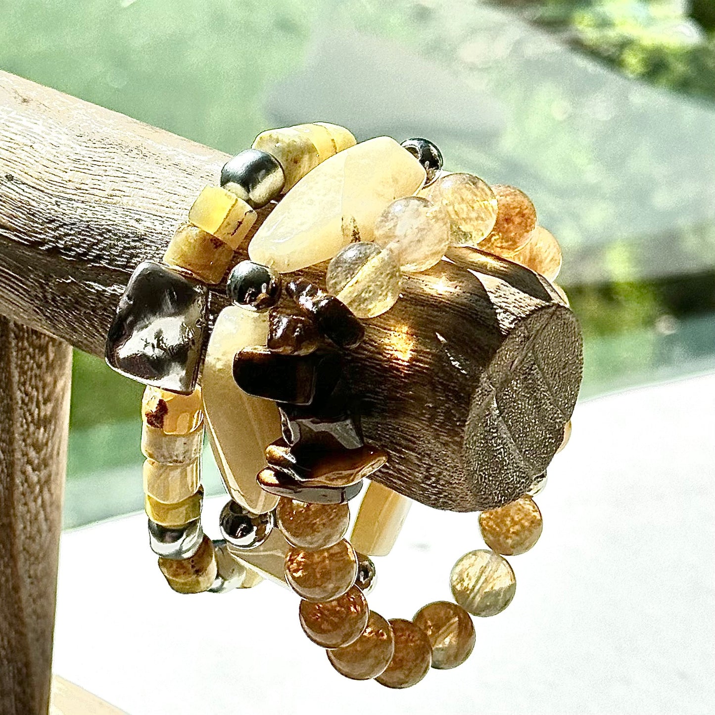 Boho Chic Beaded Gemstone Stretch Bracelets Yellow Silver