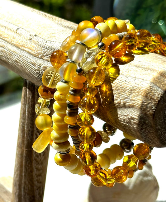 Yellow Boho Beaded Stretch Bracelets with Gemstones