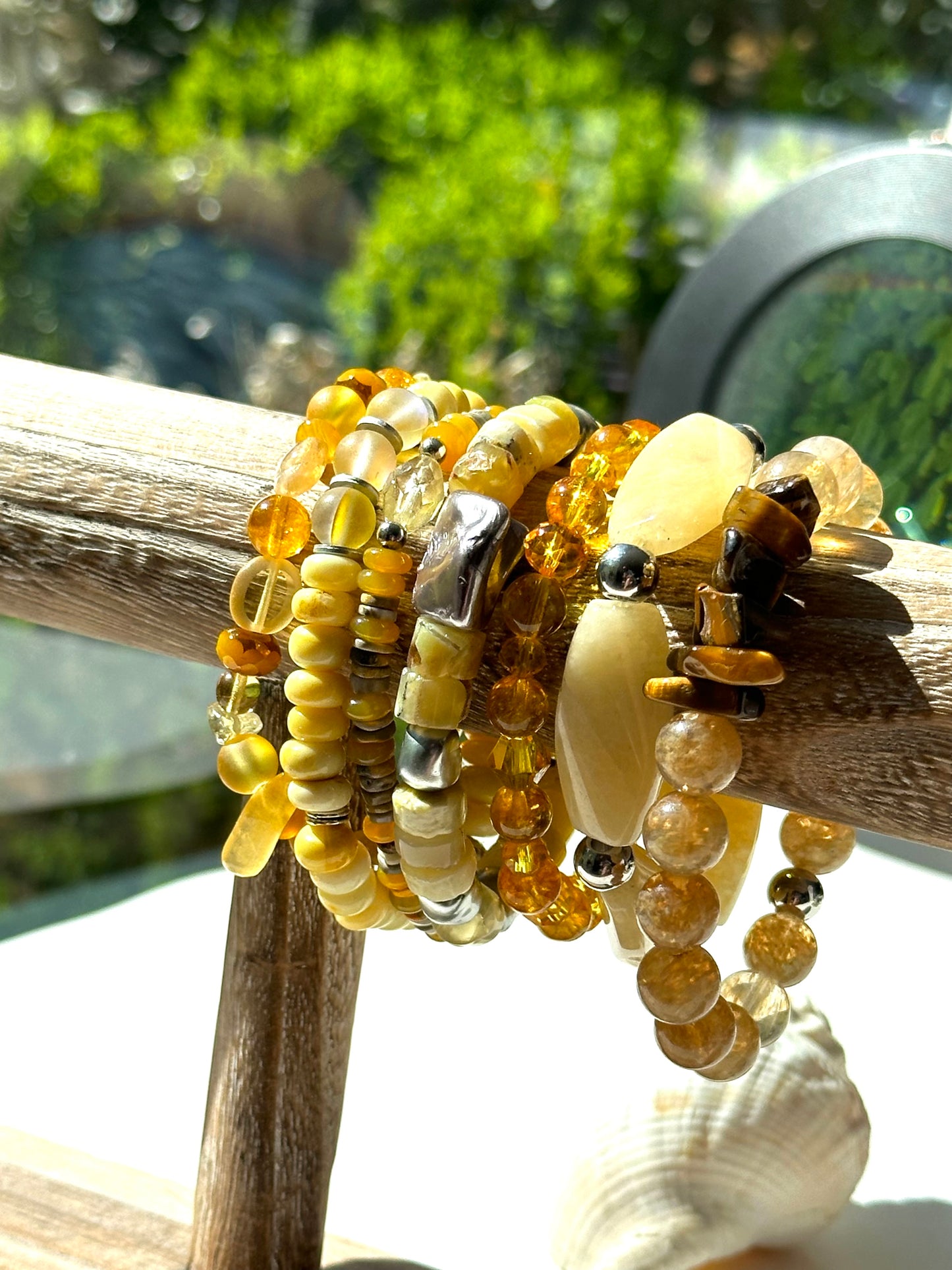 Boho Chic Beaded Gemstone Stretch Bracelets Yellow Silver