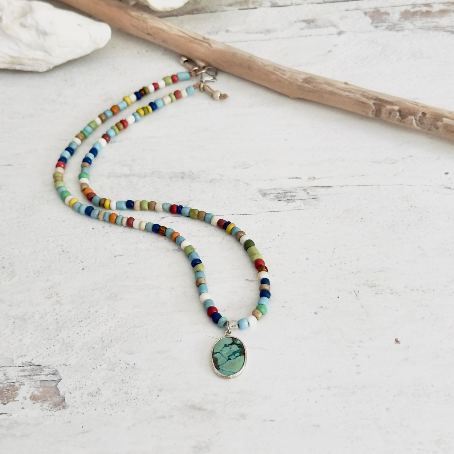 Colorful Rainbow Beaded Boho Necklace with Turquoise Charm African Glass and Metal Beads