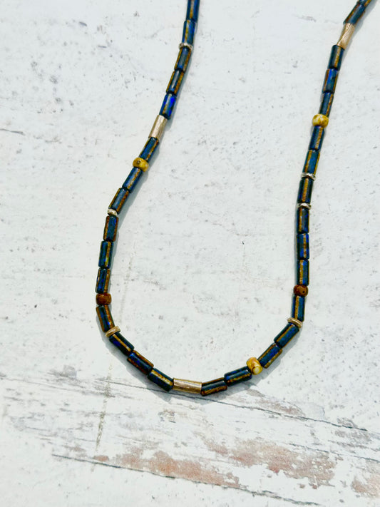 Rustic Boho Beaded Necklace with Specialty Glass Beads and Handmade African Metal