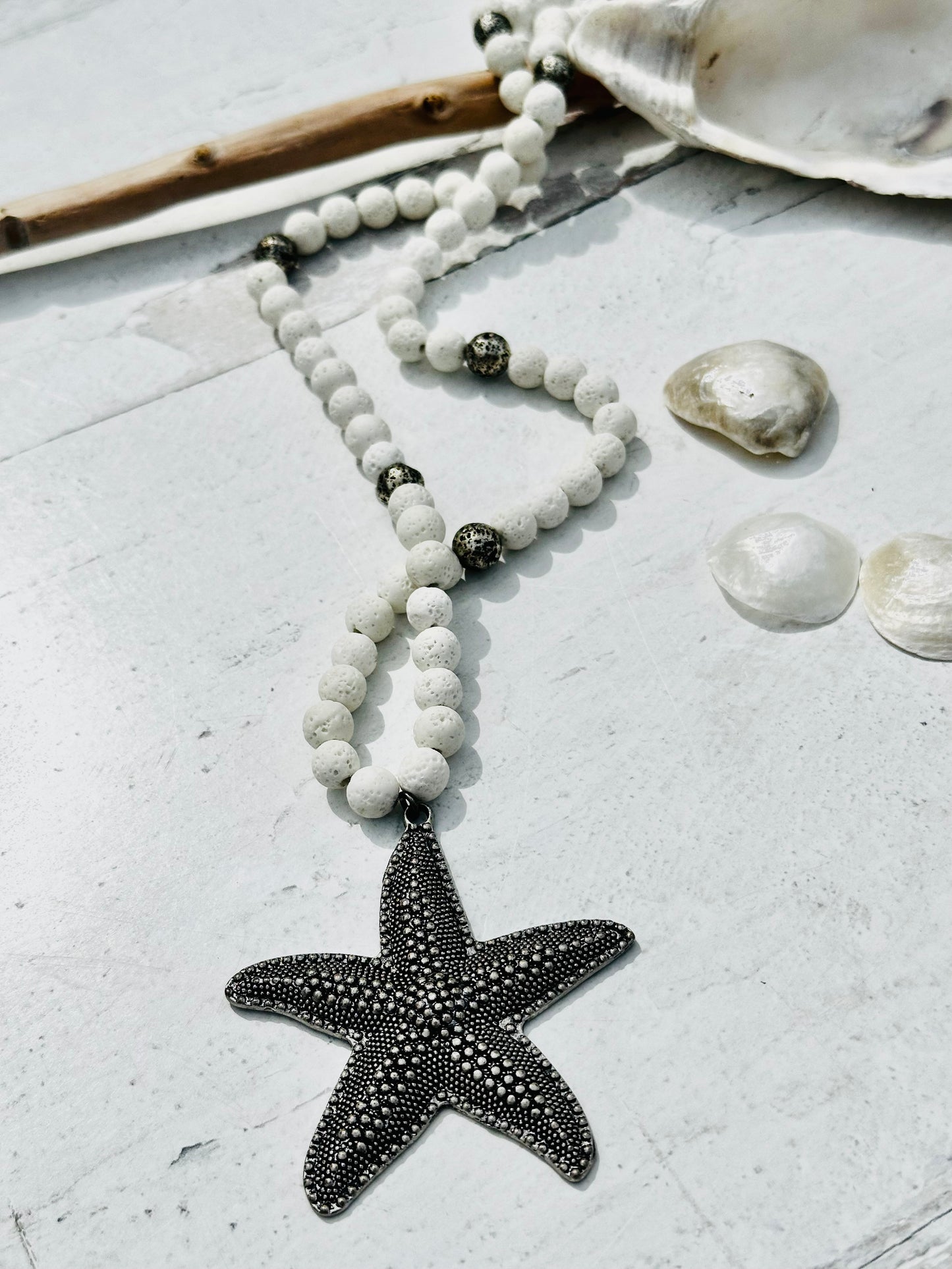 Summer Beach Beaded Statement Necklace Boho White and Silver