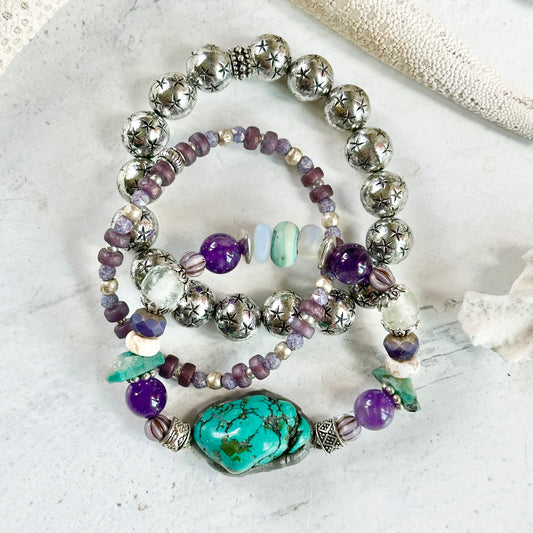 Turquoise Purple Silver Bracelet Trio Set Boho