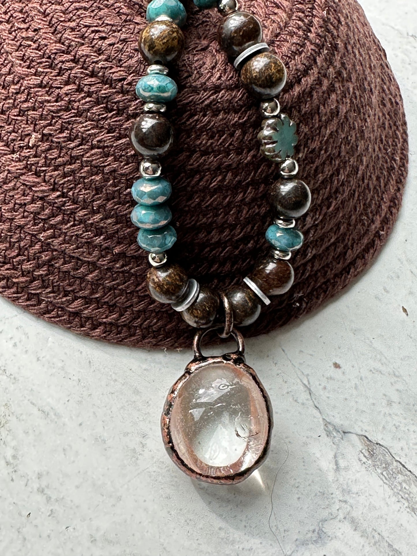 Beaded Boho Necklace Crystal Pendant Green Blue Brown Gemstone