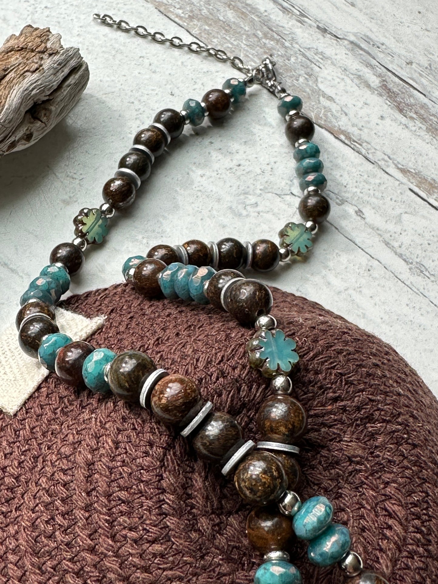 Beaded Boho Necklace Crystal Pendant Green Blue Brown Gemstone