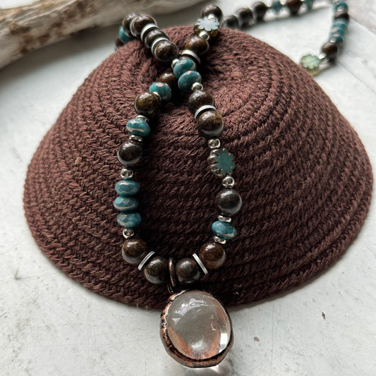 Beaded Boho Necklace Crystal Pendant Green Blue Brown Gemstone