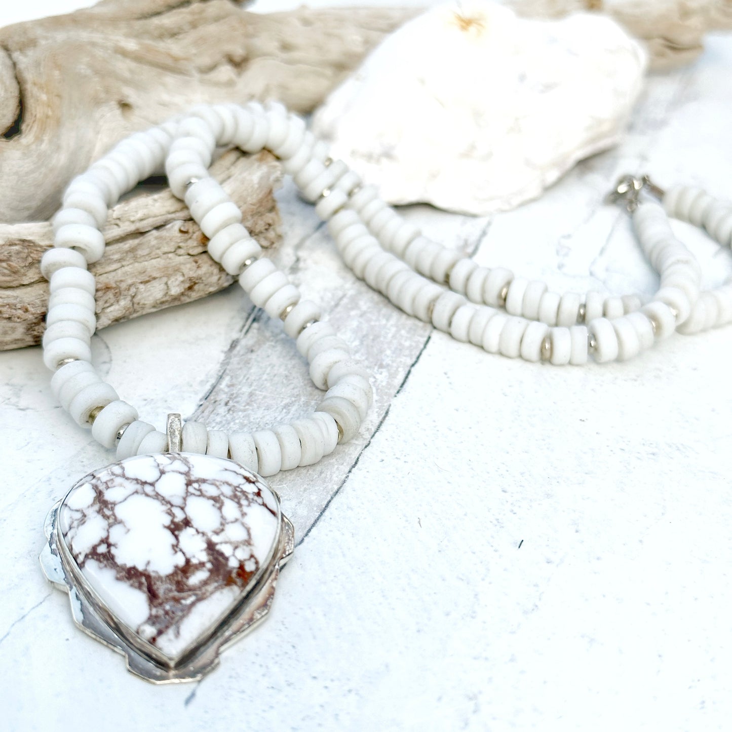 White Beaded Necklace Recycled Glass Boho Gemstone Pendant