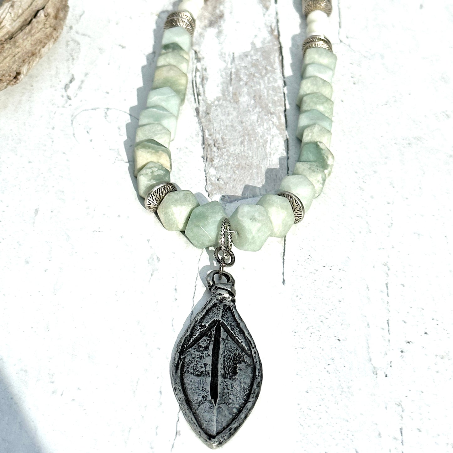 Unique Beaded Gemstone Necklace Artisan One of a Kind Beads Pendant Silver Green Pearl