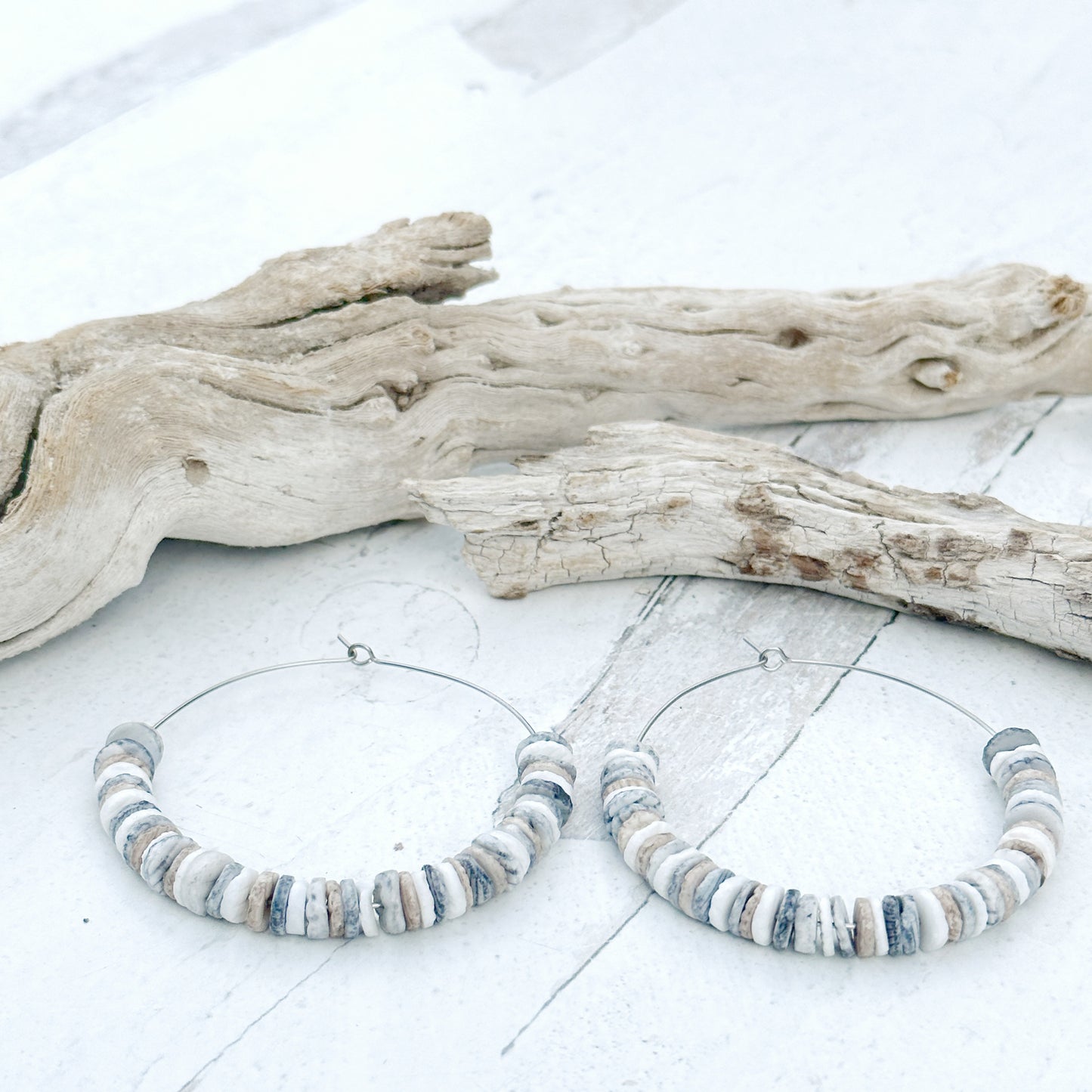 Earrings Hoop Shell Boho Silver Neutral Beach