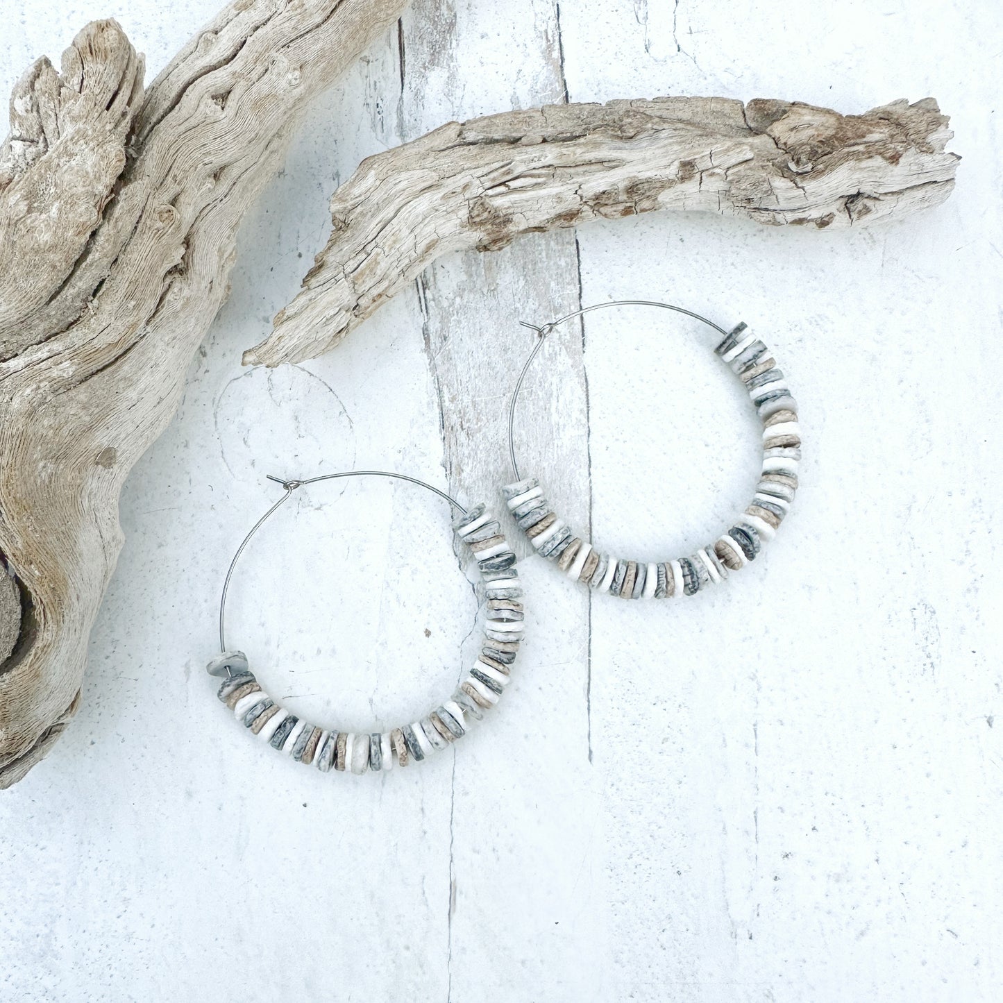 Earrings Hoop Shell Boho Silver Neutral Beach