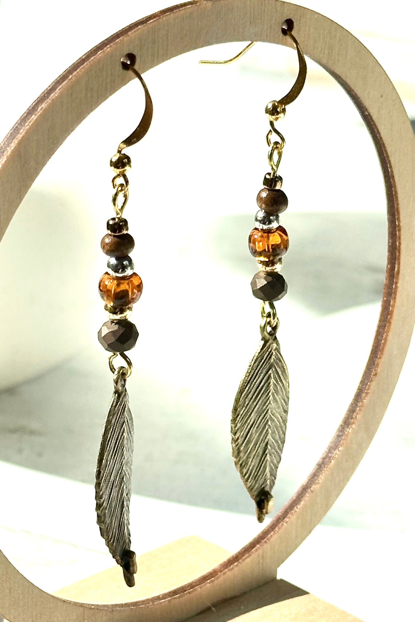 Boho Earrings Bronze Leaf Artisan Charms Warm Neutral Colors