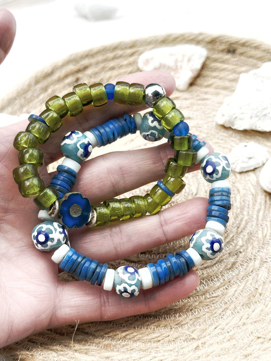 African Bracelet Set Beachy Green Blue and White