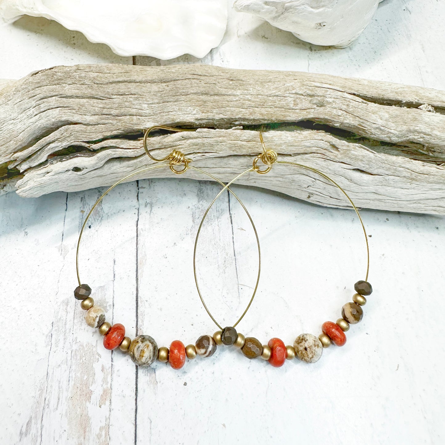 Boho Beaded Hoops Earrings Gold Warm Colors