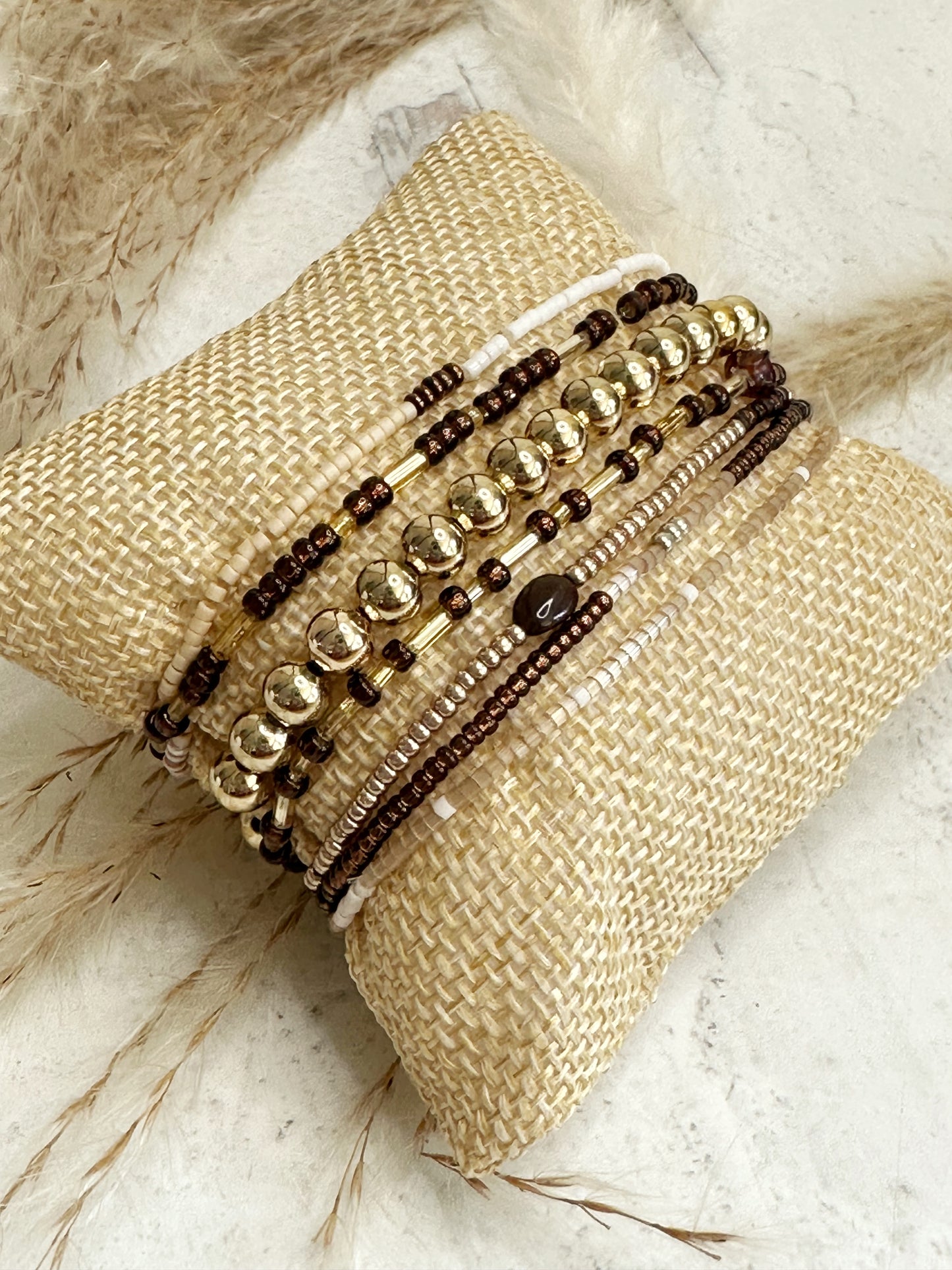 Boho Chic Beaded and Gold Filled Chain Bracelet Stack