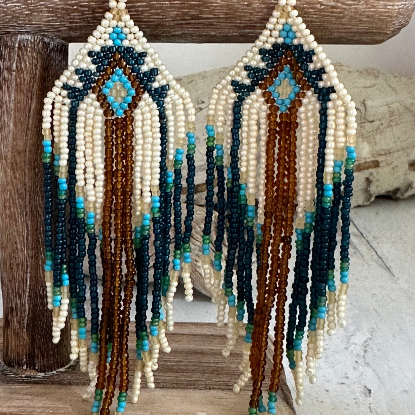 Boho Native American Inspired Seed Bead Tassel Earrings Pearl Blue Brown