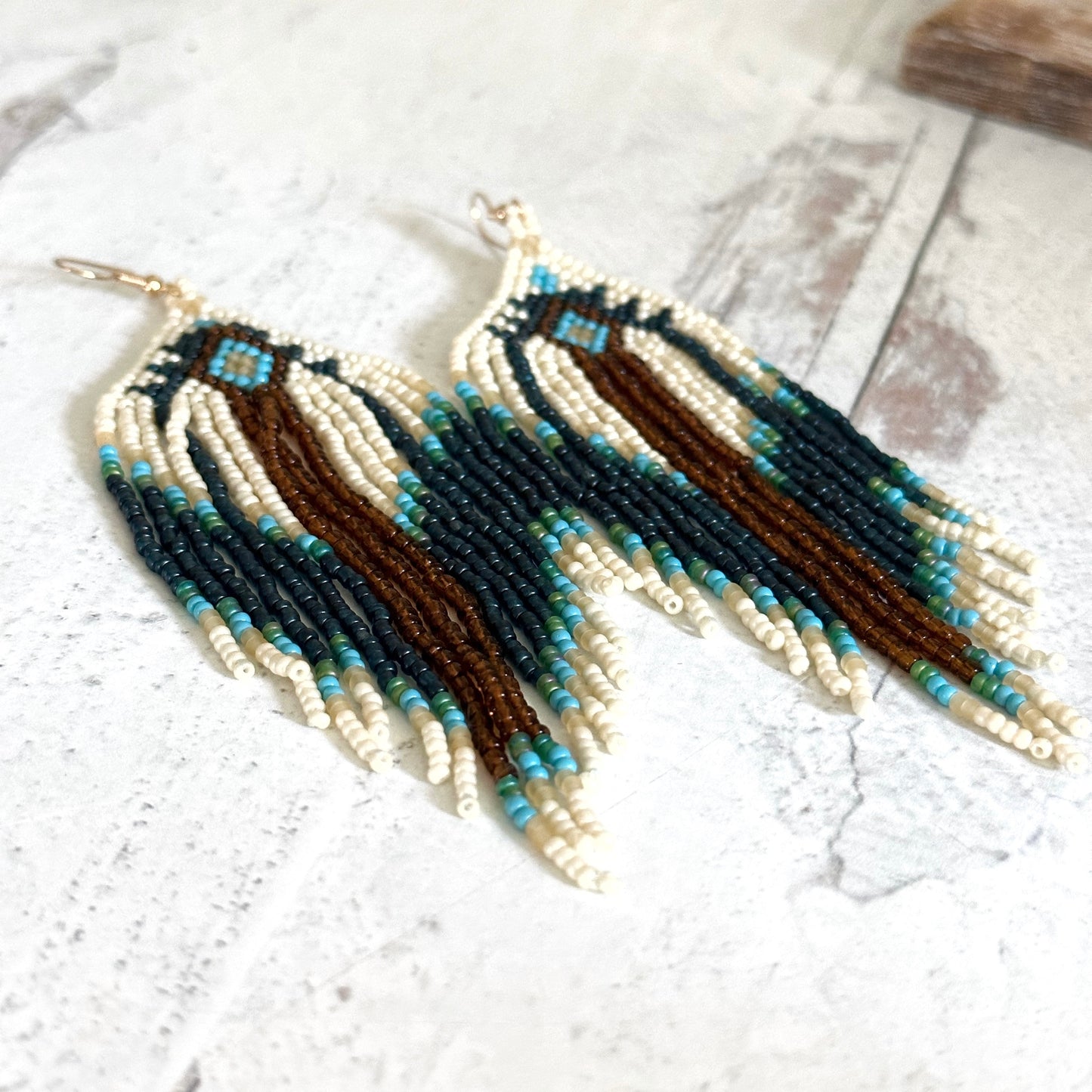 Boho Native American Inspired Seed Bead Tassel Earrings Pearl Blue Brown