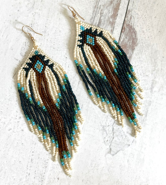 Boho Native American Inspired Seed Bead Tassel Earrings Pearl Blue Brown